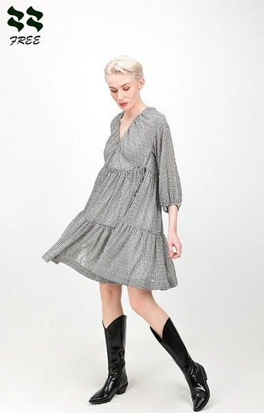 Bracelet Sleeve Check Printed Tiered Wrap Dress Supplier