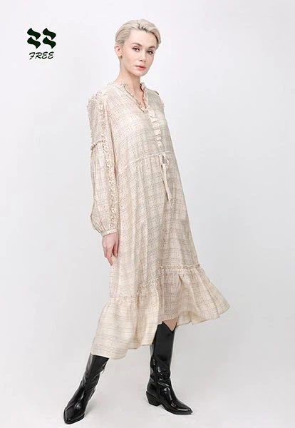 Seiceáil Ruffled Priontála Soláthraí Gúna Midi Muinchille Fada